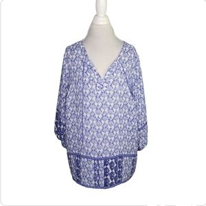Violet & Claire Blue & White Floral Boho Tie Neck Blouse Size 1X